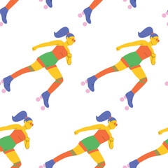 Vector seamless pattern with  woman in roller skates. Vintage repeated texture with roller skates. Bright retro print for fabric, home decor and wrapping paper.
