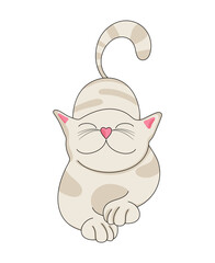 Vector illustration of cartoon fairy cat. Caricature. A satisfied cat stretches. Isolated on white background.