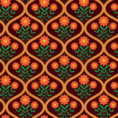Retro orange flowers with green leaves placed in ogee oval shapes seamless pattern. For textile, fabric and home décor 