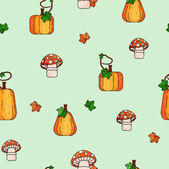 A set of autumn seamless patterns with pumpkins and fly agarics for Thanksgiving and Halloween. Bright vector illustration