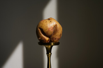 Fresh unpeeled raw potatoes of anatomical shape on a golden stand