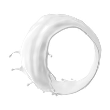 3d render, round milk splash. Abstract liquid clip art isolated on transparent background. White paint splashing ring
