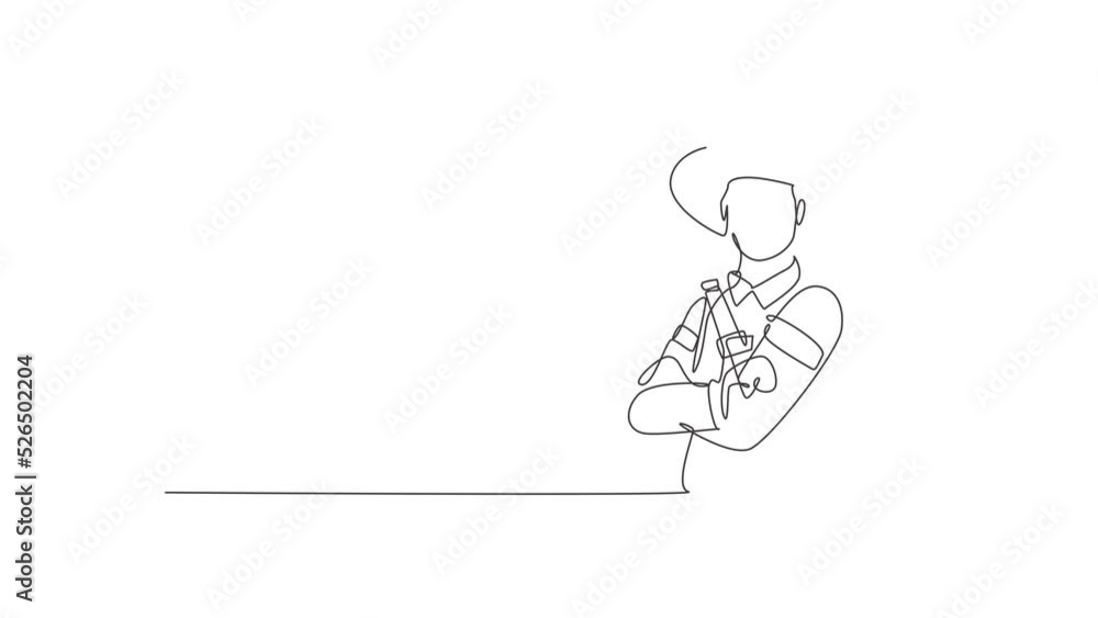 Poster self drawing animation of single line draw male firefighter with uniform cross arm on chest. profess