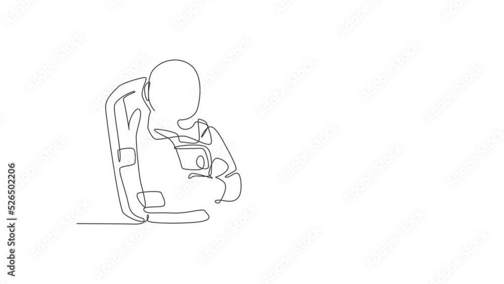 Poster animated self drawing of continuous line draw young male astronaut posing cross arm on chest before 