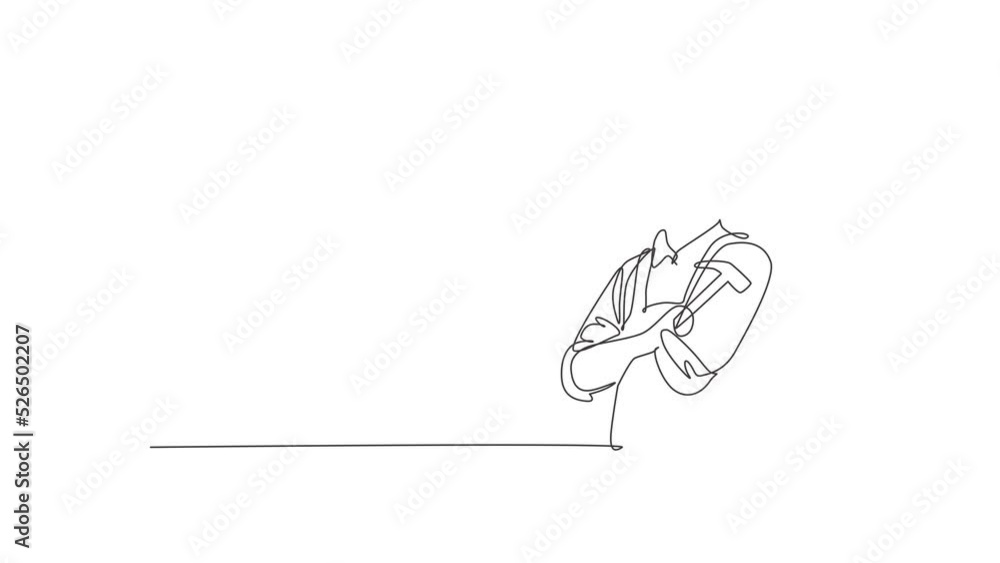 Poster self drawing animation of single line draw male carpenter cross arm on chest and holding hammer. pro