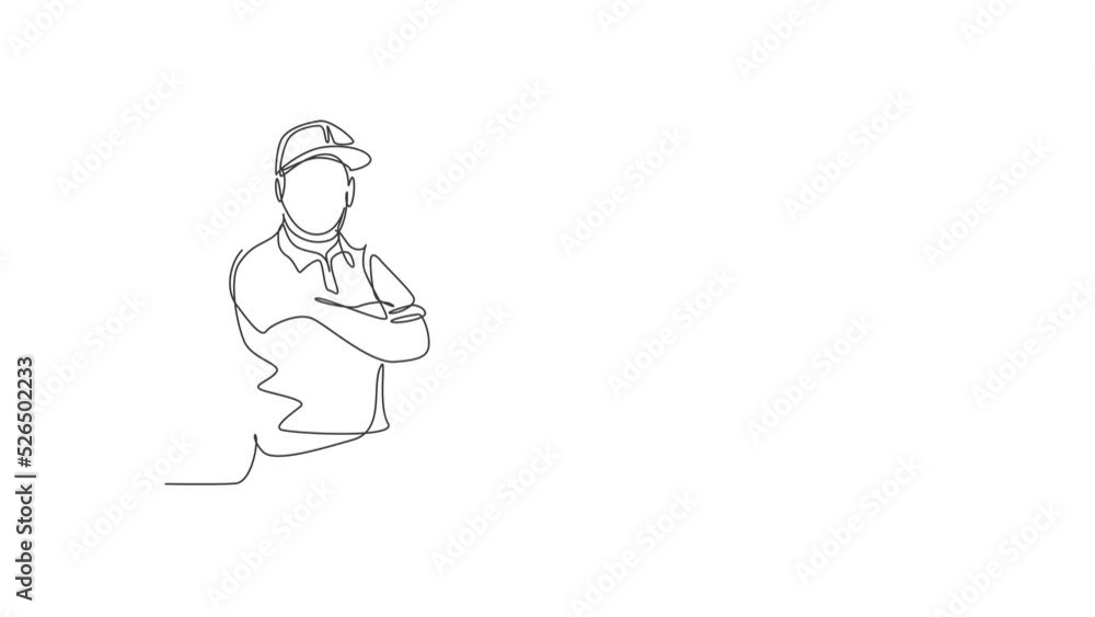 Poster animated self drawing of continuous one line draw young delivery man with uniform posing cross his h
