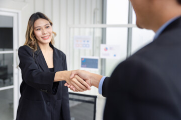 Business deal agreement concept, Businessman and businesswoman handshake commit on business...