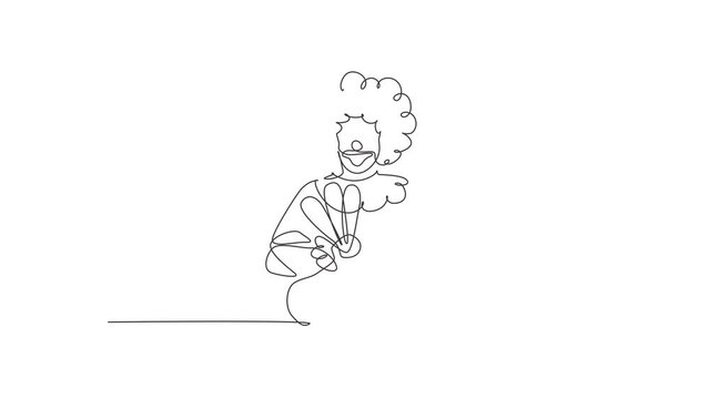 Self drawing animation of single one line draw young funny male clown pose cross arm on chest. Professional work profession and occupation minimal concept. Continuous line draw. Full length animated.