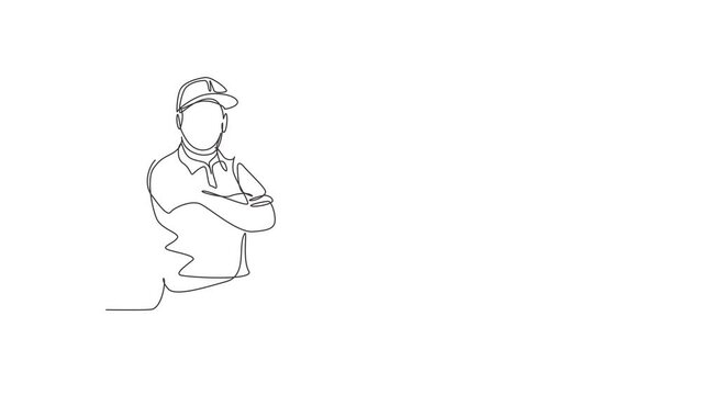 Animated self drawing of continuous one line draw young delivery man with uniform posing cross his hands on chest. Professional job profession minimalist concept. Full length single line animation.
