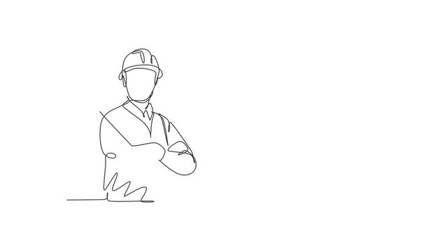 Self drawing animation of single line draw male architect cross arm on chest hold blueprint paper. Professional work profession occupation minimal concept. Continuous line draw. Full length animated.