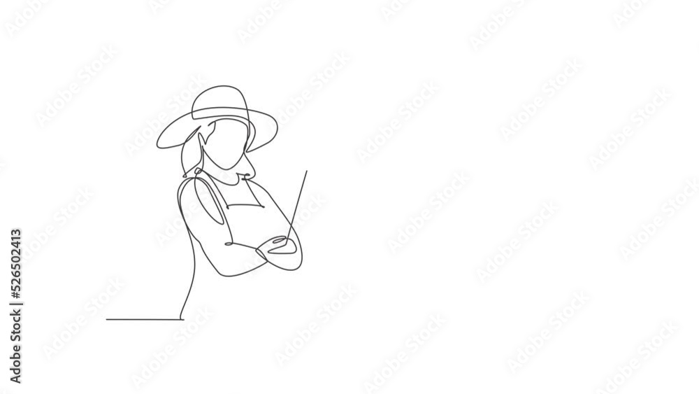 Poster self drawing animation of single line draw female farmer pose cross arm while holding fork. professi