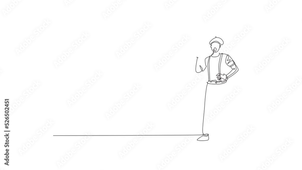 Poster self drawing animation of single line draw young pantomime artist pose standing while perform. profe