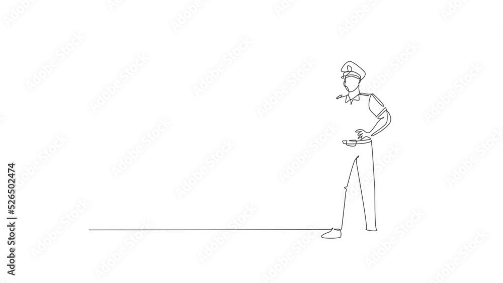 Poster self drawing animation of single line draw policeman pose standing while holding automatic hand gun.