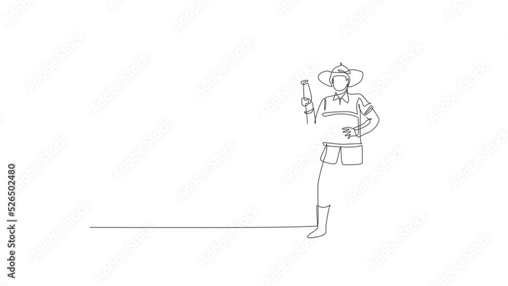 Poster self drawing animation of single line draw young fireman pose standing and holding water nozzle. pro