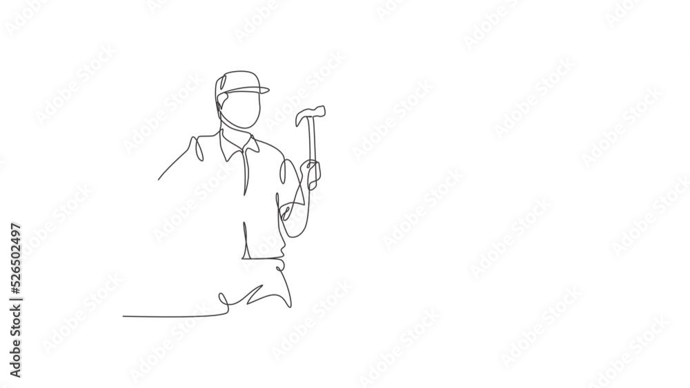 Poster self drawing animation of single one line draw young handyman holding hammer ready to work. professi
