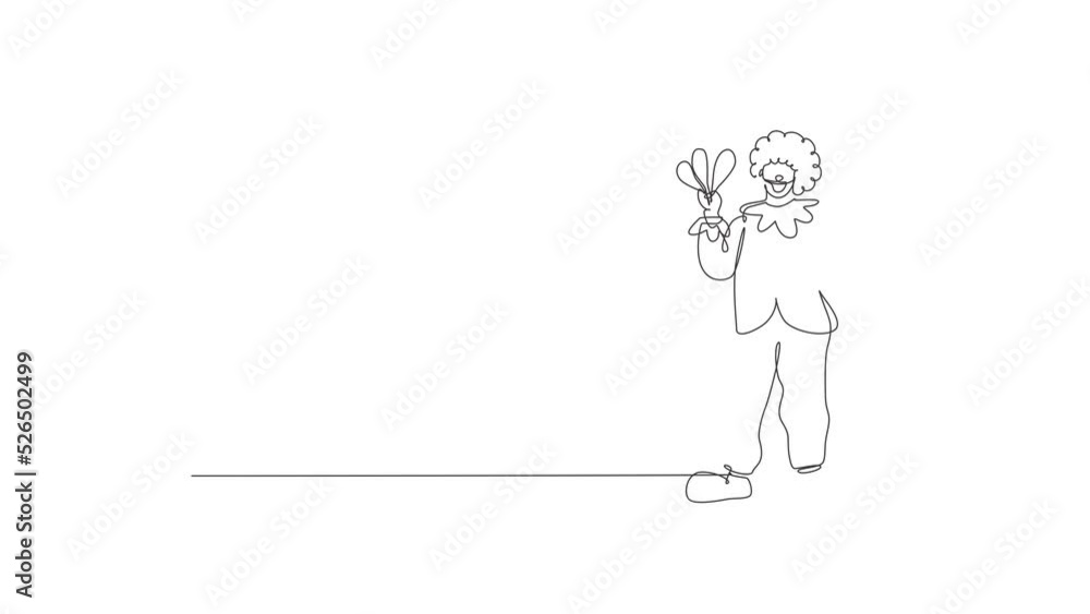 Poster self drawing animation of single line draw young male clown pose standing while holding juggler. pro
