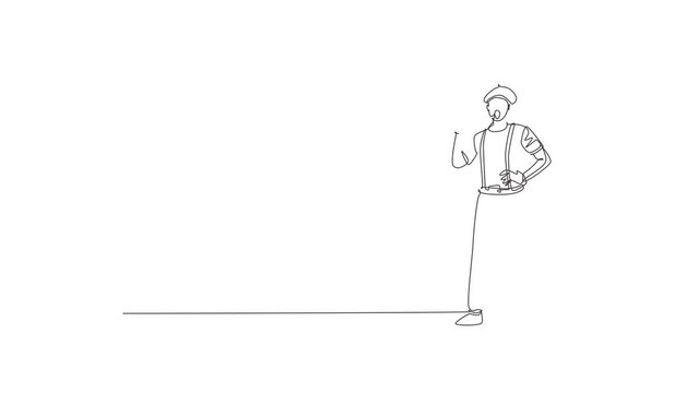 Self drawing animation of single line draw young pantomime artist pose standing while perform. Professional work profession and occupation minimal concept. Continuous line draw. Full length animated.