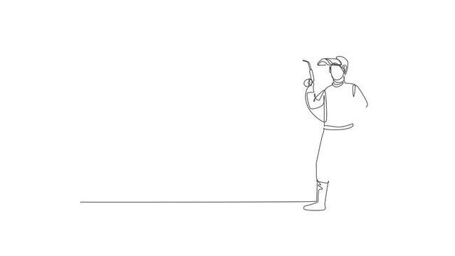 Animated self drawing of continuous line draw young male welder pose standing and holding a welding machine nozzle. Professional job profession minimalist concept. Full length single line animation.