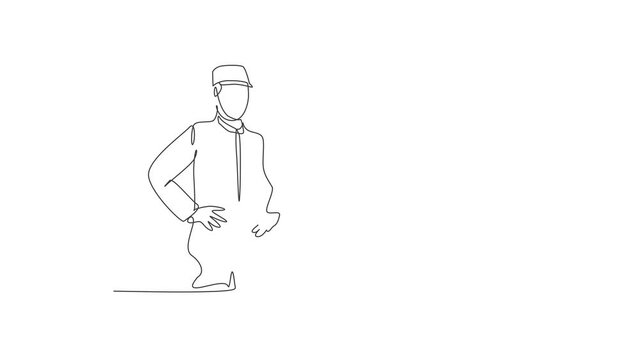 Self drawing animation of single line draw young bellboy wearing suit to wait the hotel guests. Professional work profession and occupation minimal concept. Continuous line draw. Full length animated.