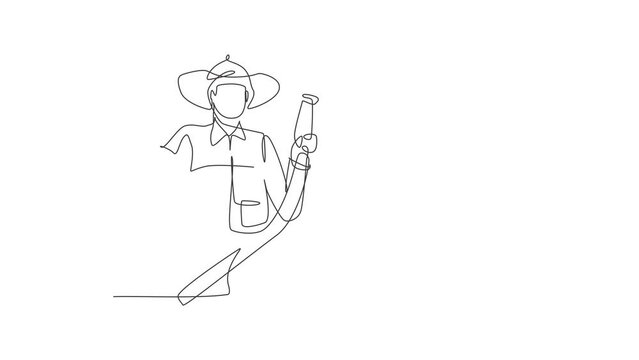 Animated self drawing of continuous one line draw young male firefighter holding water nozzle. Professional job profession minimalist concept. Full length single line animation illustration.
