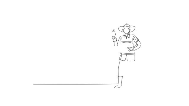 Self drawing animation of single line draw young fireman pose standing and holding water nozzle. Professional work profession and occupation minimal concept. Continuous line draw. Full length animated