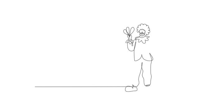 Self drawing animation of single line draw young male clown pose standing while holding juggler. Professional work profession and occupation minimal concept. Continuous line draw. Full length animated