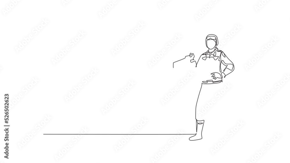 Aufkleber self drawing animation of single line draw female soldier standing and pose with hands on hip. profe