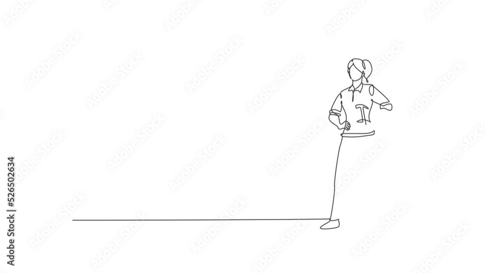 Wall mural Self drawing animation of single line draw female beauty carpenter posing with hands on hip. Professional work profession and occupation minimal concept. Continuous line draw. Full length animated.