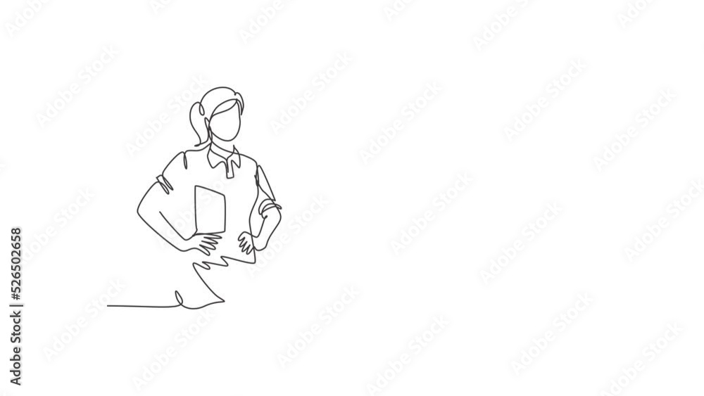 Poster self drawing animation of single line draw delivery woman posing with hands hold box on hip. profess