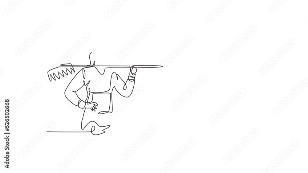 Poster self drawing animation of single line draw female farmer holding fork posing with hands on hip. prof