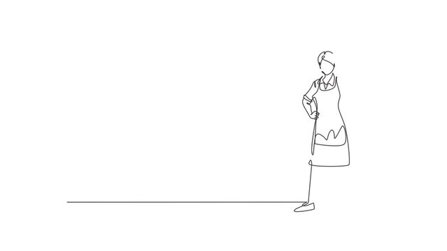 Animated self drawing of continuous line draw young beauty female hotel maid standing and holding hands on hip. Professional work job occupation. Minimalism concept. Full length one line animation.