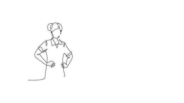 Self drawing animation of single line draw beauty female house maid posing with hands on hip. Professional work profession and occupation minimal concept. Continuous line draw. Full length animated.