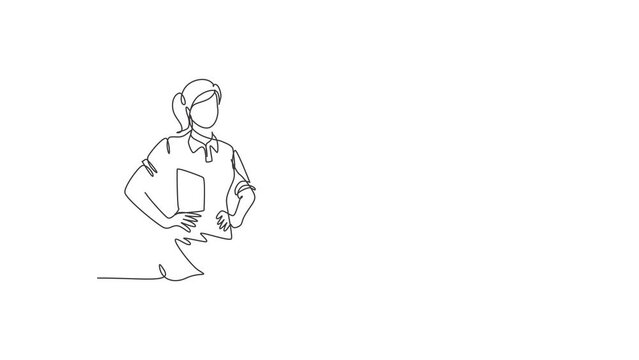 Self drawing animation of single line draw delivery woman posing with hands hold box on hip. Professional work profession and occupation minimal concept. Continuous line draw. Full length animated.