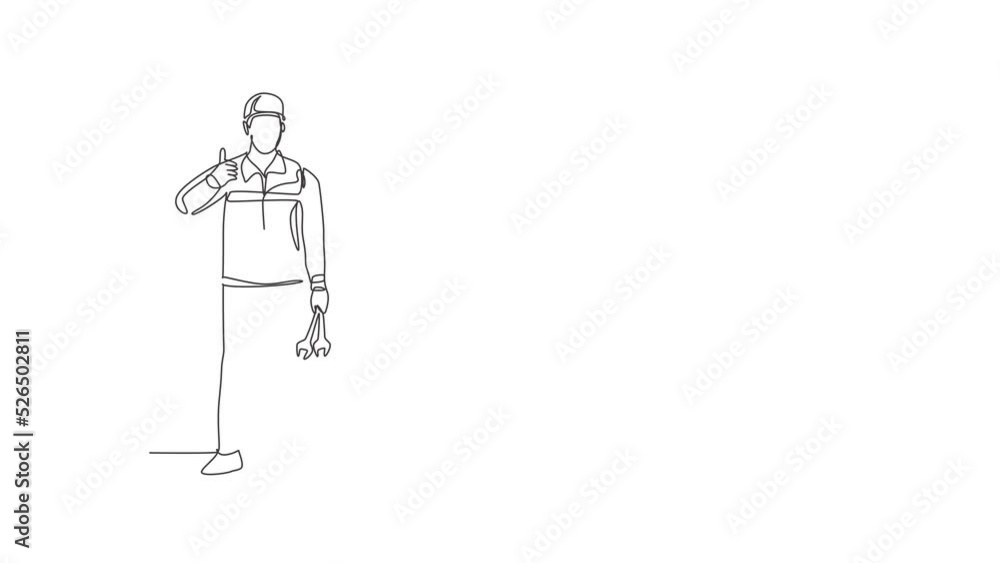 Poster animated self drawing of continuous one line draw mechanic stands up with a thumbs-up gesture and ho