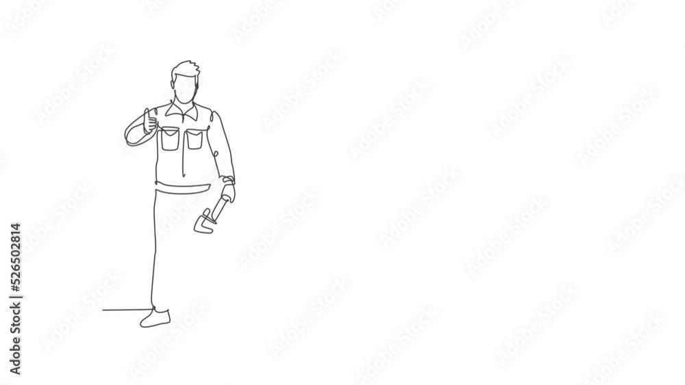 Poster self drawing animation of single one line draw plumber stands with the gesture of raising his thumb 