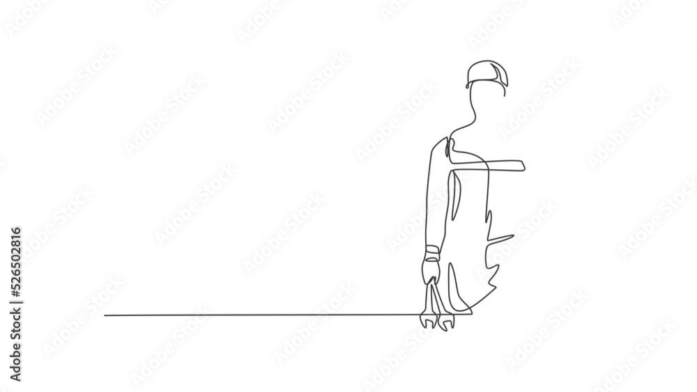 Poster animated self drawing of continuous line draw mechanic with the gesture of lifting his thumb and hol