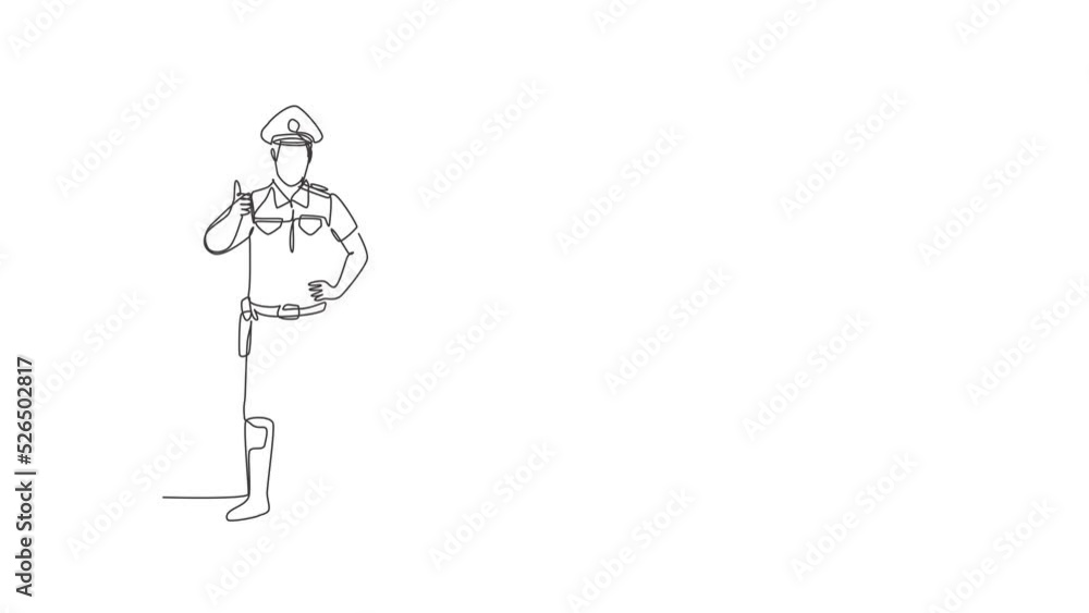 Poster animated self drawing of continuous one line draw policeman standing with a thumbs-up gesture and in
