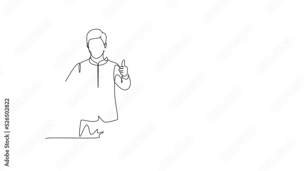 Poster self drawing animation of single one line draw hotel doorman in a very neat uniform poses with a thu