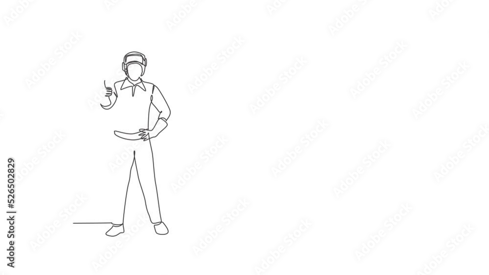 Poster animated self drawing of single continuous line draw the welder stands with a thumbs-up gesture and 