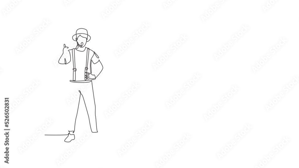 Poster self drawing animation of single one line draw mime artist stands with a thumbs-up gesture and white