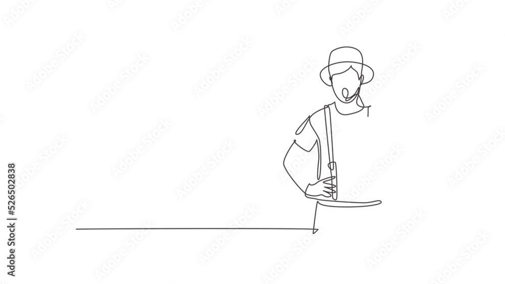 Poster self drawing animation of single one line draw mime artist with thumbs-up gesture and white face mak