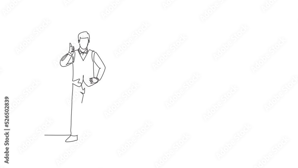 Poster animated self drawing of continuous line draw flight attendant stands in a uniform with thumbs-up ge