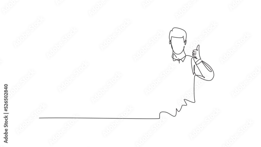 Poster animated self drawing of continuous line draw the steward with a thumbs-up gesture is ready to serve
