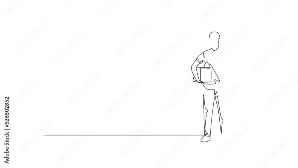Aufkleber animated self drawing of continuous line draw delivery man stands with thumbs-up gesture, carrying p
