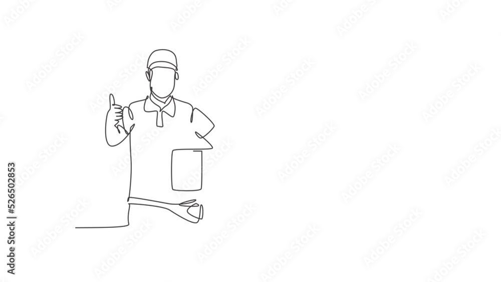 Poster animated self drawing of continuous one line draw delivery man with a thumbs-up gesture, carrying th