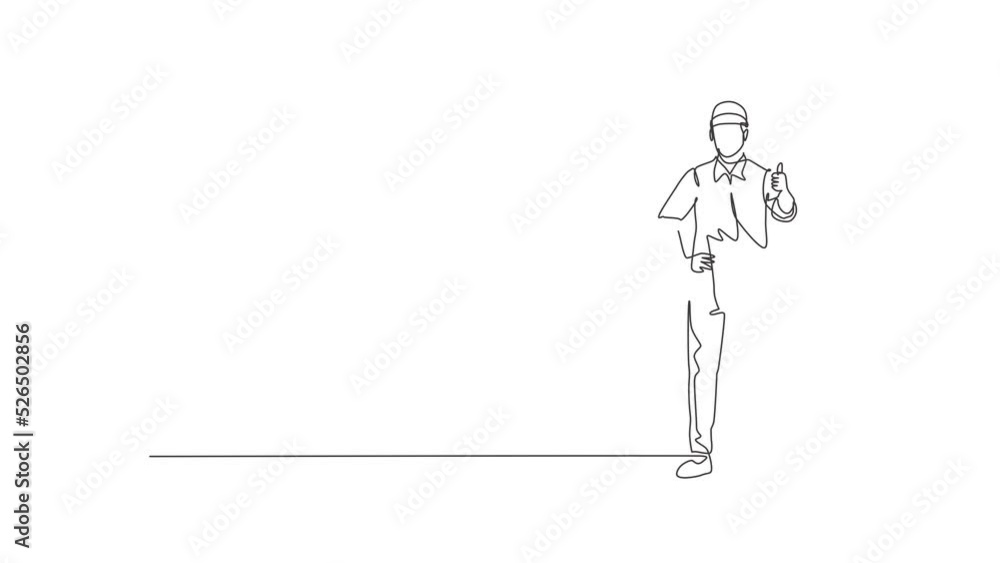 Poster animated self drawing of continuous line draw handyman stands with a thumbs-up gesture and tools suc