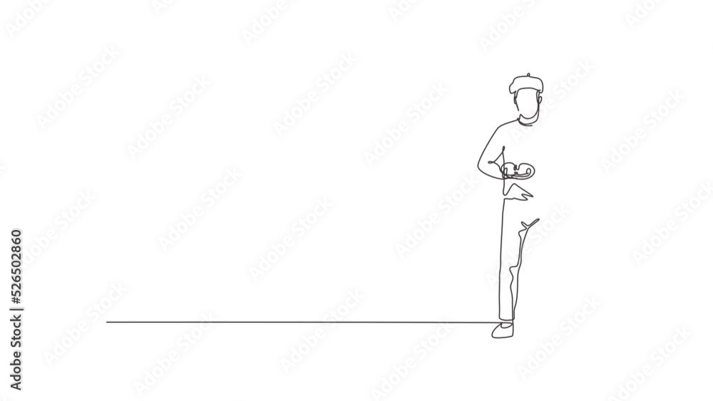 Poster animated self drawing of continuous line draw the painter stands with a thumbs-up gesture using a ha