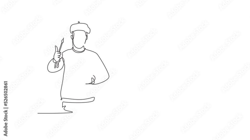 Poster animated self drawing of continuous line draw artist painter with a thumbs-up gesture using painting