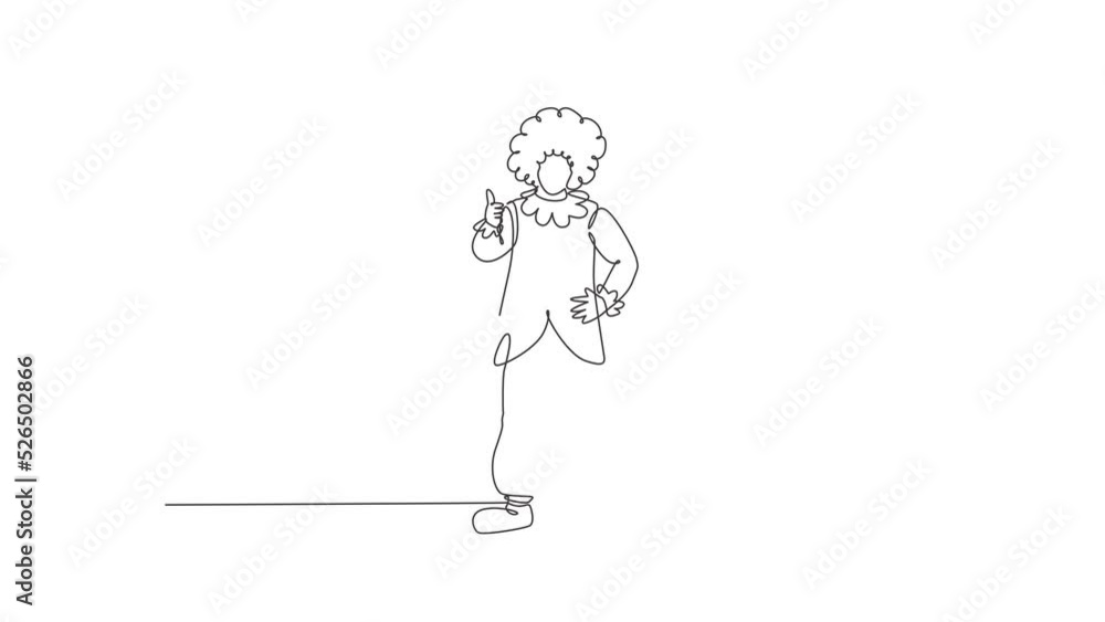 Poster animated self drawing of continuous line draw clown stands with a thumbs-up gesture wearing wig and 