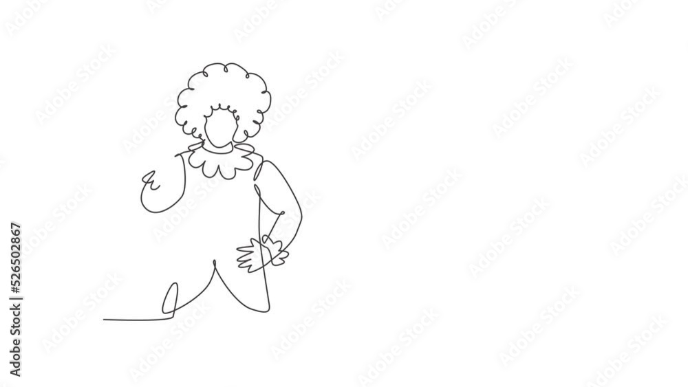 Poster animated self drawing of single continuous line draw a clown with thumbs-up gesture, wearing a wig a